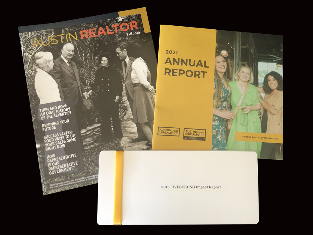 Photo of Austin realtor annual report and live strong printing samples